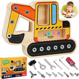 Placa cu Suruburi Busy Board Montessori - Excavator cu Suruburi si Unelte