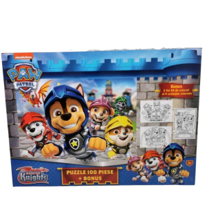 Puzzle 100 piese Paw Patrol + Cadou 4 creioane colorate si 3 foi A4 de colorat