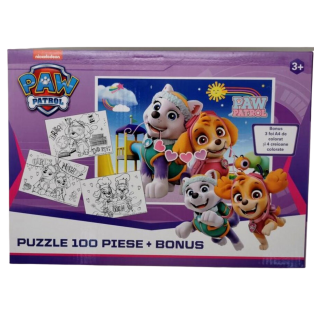 Puzzle 100 piese Paw Patrol Girls + Cadou 4 creioane colorate si 3 foi A4 de colorat