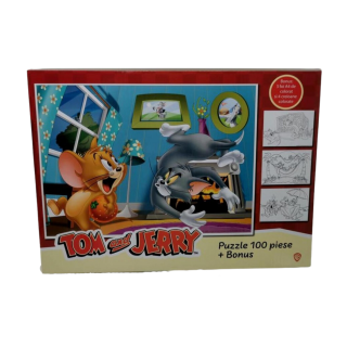 Puzzle 100 piese Tom si Jerry + Cadou 4 creioane colorate si 3 foi A4 de colorat