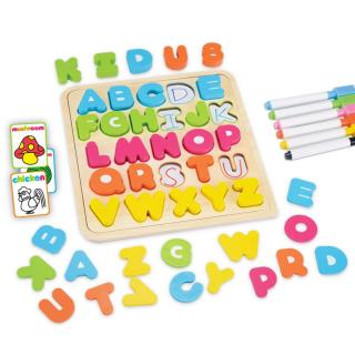 Puzzle incastru Alfabet litere mari din lemn cu Marker Kidus