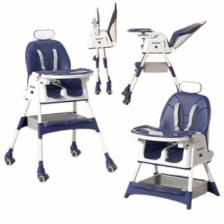 Scaun de masa 2in1 bebe, reglabil si pliabil, piele PU, roti cu frana, Albastru