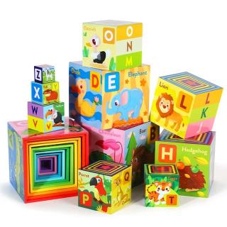 Set 10 Cuburi din Lemn de Stivuit Montessori Animale si Litere