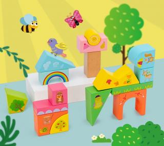 Set Cuburi de constructie cu animale din lemn cu cutie