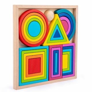 Set de Blocuri din Lemn cu Forme Geometrice Curcubeu - Joc Montessori Educativ