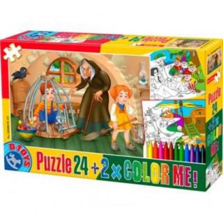 Set Puzzle 24 piese + 2 fise de colorat si 12 creioane colorate Hansel si Gretel D-toys