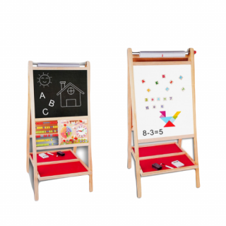 Tabla Magnetica Multifunctionala Lemn ,       Sevalet Educational 2 in 1 cu Rola Hartie, Abac, Ceas, Litere si Cifre