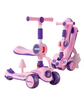 Trotineta Copii 2 in 1 Scooter cu 3 roti Pliabila  Lumini si sunete Roz