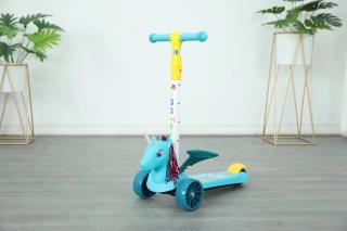 Trotineta Scooter 3 Roti cu Lumini Unicorn 3D Albastru cu Sunete