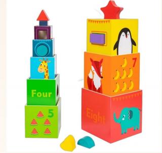 Turn de Stivuire Montessori din Lemn ,       Cuburi Logice, Cifre si Forme Geometrice