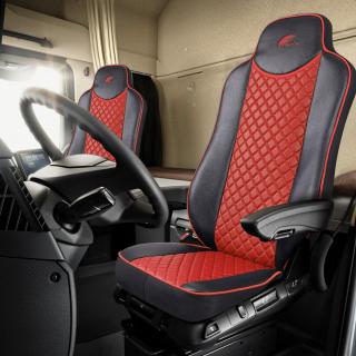 SET HUSE SCAUN TRUCK UMBRELLA PENTRU MERCEDES ACTROS EURO 5 1844 MP2 MP3 MP4 PIELE ECOLOGICA NEAGRA + ROSU