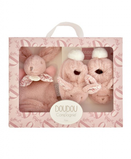 Iepuras Doudou   - Set Pantofiori si Jucarie de Plus, Roz
