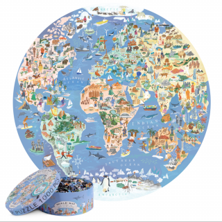 Puzzle rotund -  Harta Ilustrata a Lumii, 1000 de piese, Boppi