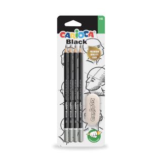 Set 4 creioane grafit CARIOCA Black HB + radiera