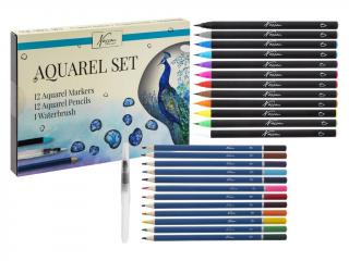 Set creativ, 12 carioci acuarela, 12 creioane colorate tip acuarela, 1 pensula, Nassau