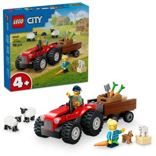 Tractor de ferma rosu cu remorca si oi