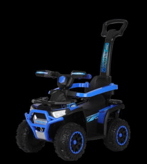 ATV electric cu maner 3 in 1, Kinderauto Warrior, pentru copii 1-3 ani, 30W 6V, roti moi, scaun tapitat, parasolar, echipare Premium, albastru