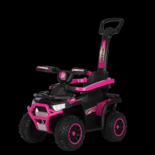 ATV electric cu maner 3 in 1, Kinderauto Warrior, pentru copii 1-3 ani, 30W 6V, roti moi, scaun tapitat, parasolar, echipare Premium, roz