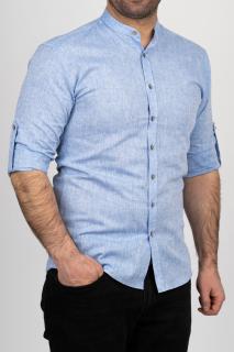 Camasa barbati albastra slim fit din in cu guler tunica PREMIUM