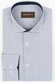 Camasa barbati slim fit alba cu caro albastru si maro
