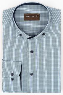 Camasa barbati slim fit alba cu caro verde si albastru