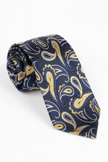 Cravata de matase bleumarin cu model floral auriu