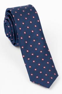 Cravata ingusta bleumarin cu buline bleu cu rosu