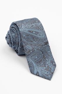 Cravata ingusta gri-antracit cu model paisley bleu