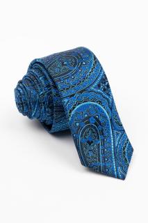 Cravata ingusta neagra cu model paisley bleu si albastru