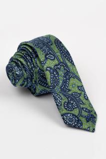 Cravata ingusta verde cu model paisley bleumarin si bleu