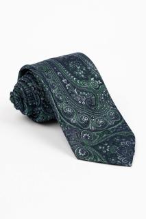Cravata matase naturala bleumarin cu imprimeu floral verde si gri
