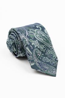 Cravata matase naturala bleumarin cu insertie si imprimeu paisley alb si verde