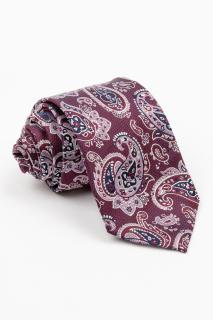 Cravata matase naturala burgund cu imprimeu paisley alb, roz si navy