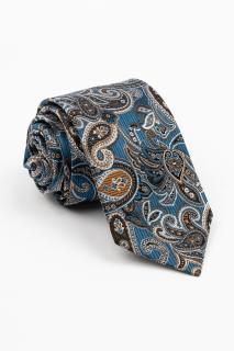Cravata matase naturala navy cu imprimeu paisley alb si maro