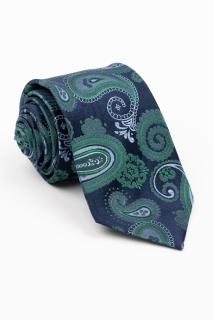 Cravata matase naturala navy cu imprimeu paisley verde si bleu