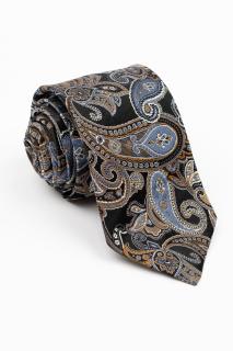 Cravata matase naturala neagra cu imprimeu paisley alb, maro si albastru