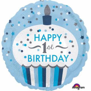 Balon folie briosa albastra happy Birthday Prima aniversare 1 an 43cm