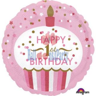 Balon folie briosa roz happy Birthday Prima aniversare 1 an 43cm
