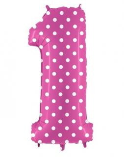 Balon folie cifra 1 roz cu buline albe 100 cm