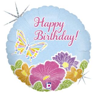 Balon folie rotund Happy Birthday fluture si flori 46 cm