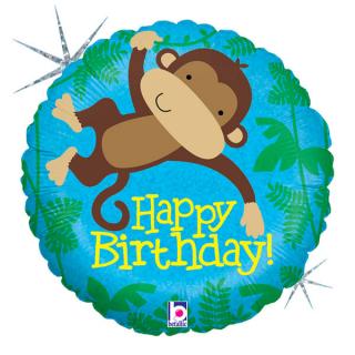 Balon folie rotund Happy Birthday maimuta 46 cm