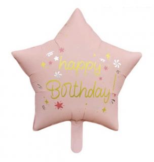 Balon folie stea roz Happy Birthday 45 cm