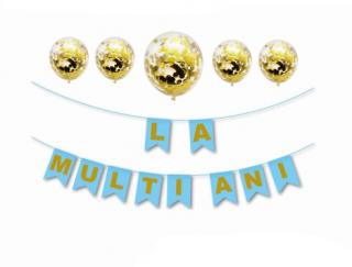 Set 5 baloane confetti auriu + banner LA MULTI ANI albastru