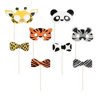 Set 8 propsuri masca si papion animalute zoo 17 cm