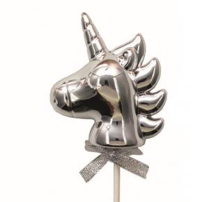 Topper tort plastic argintiu unicorn 8 cm