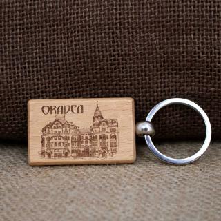 Breloc din lemn, suvenir, gravat, Palatul   Vulturul Negru   Oradea