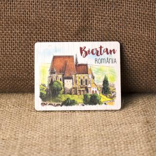 Magnet de frigider din lemn, acuarela, Biserica Fortificata Biertan, Sibiu