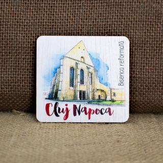 Magnet de frigider din lemn, acuarela,   Biserica reformata   Cluj Napoca