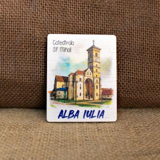 Magnet de frigider din lemn, acuarela,   Biserica Sfantul Mihail   Cetatea Alba Carolina, Alba Iulia