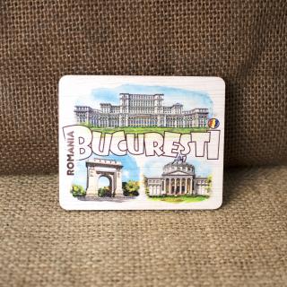 Magnet De Frigider Din Lemn, acuarela, Bucuresti (Arcul de Triumf, Ateneul Roman, Palatul Parlamentului)